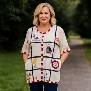 NWT Designers Original Studio Nautical Lighthouse Embroidered‎ Sweater Artsy L